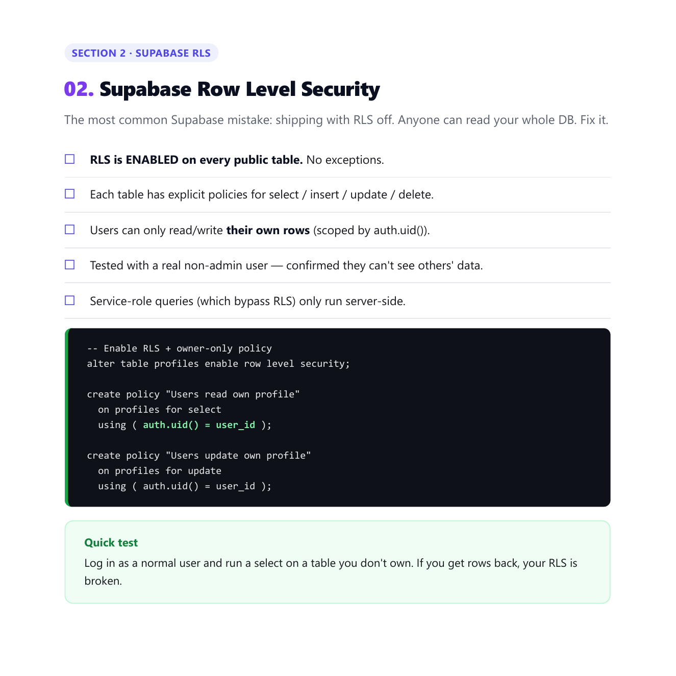 Supabase Row Level Security checklist page with SQL policy example