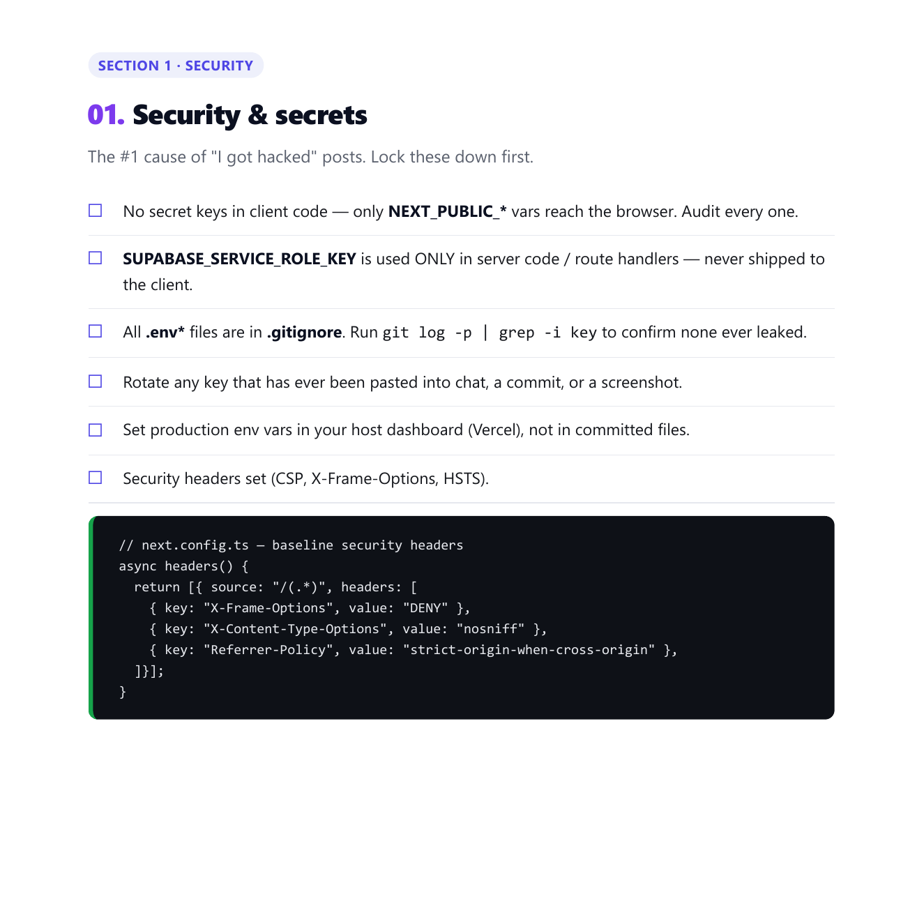 Security and secrets checklist page with example Next.js headers